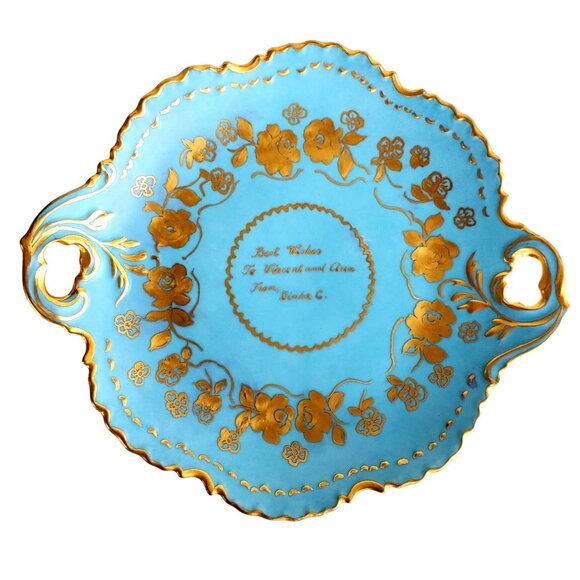 Hand Painted Vintage Cake Plate Handles Blue and Gold - Picture 1 of 10